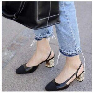 FOWT Slingback Heels for women，Round Toe Chunky Heeled Pumps Ankle Strap Fashion